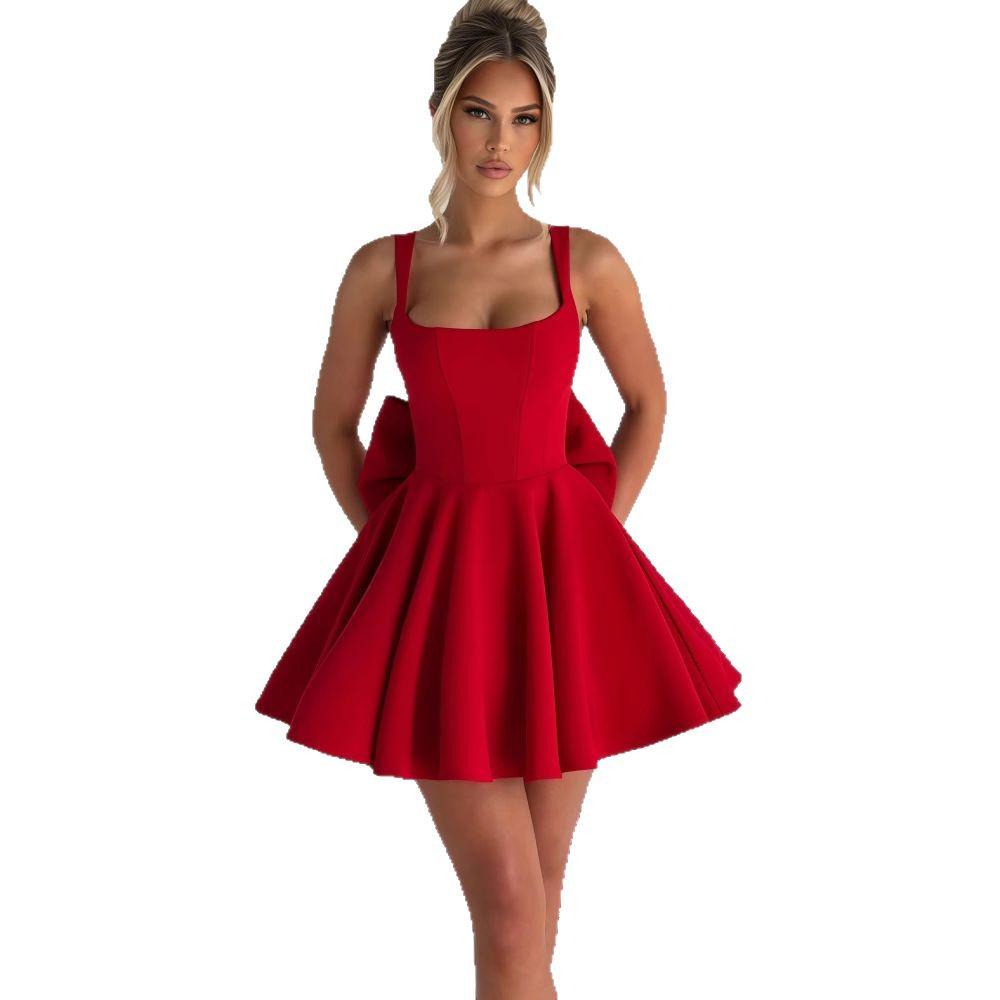 Sweet Spaghetti Strap Backless Dress with Large Bow - 2025 Spring Collection