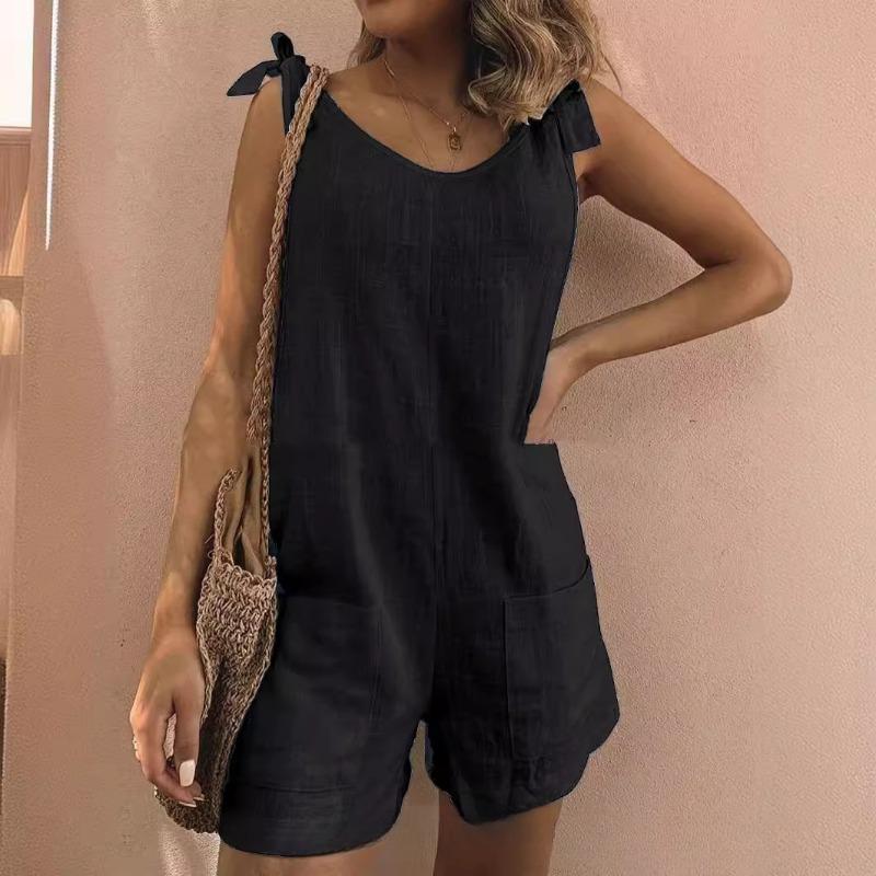 Women's Overalls with Bamboo Sections, Cotton and Linen Pockets, Sleeveless Loose Jumpsuit