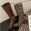 Fashion New Retro Brown Long Boots Metal Decoration Western Cowboy Biker Boots Rough Heel English Style Tall Tube Boots Female Designers