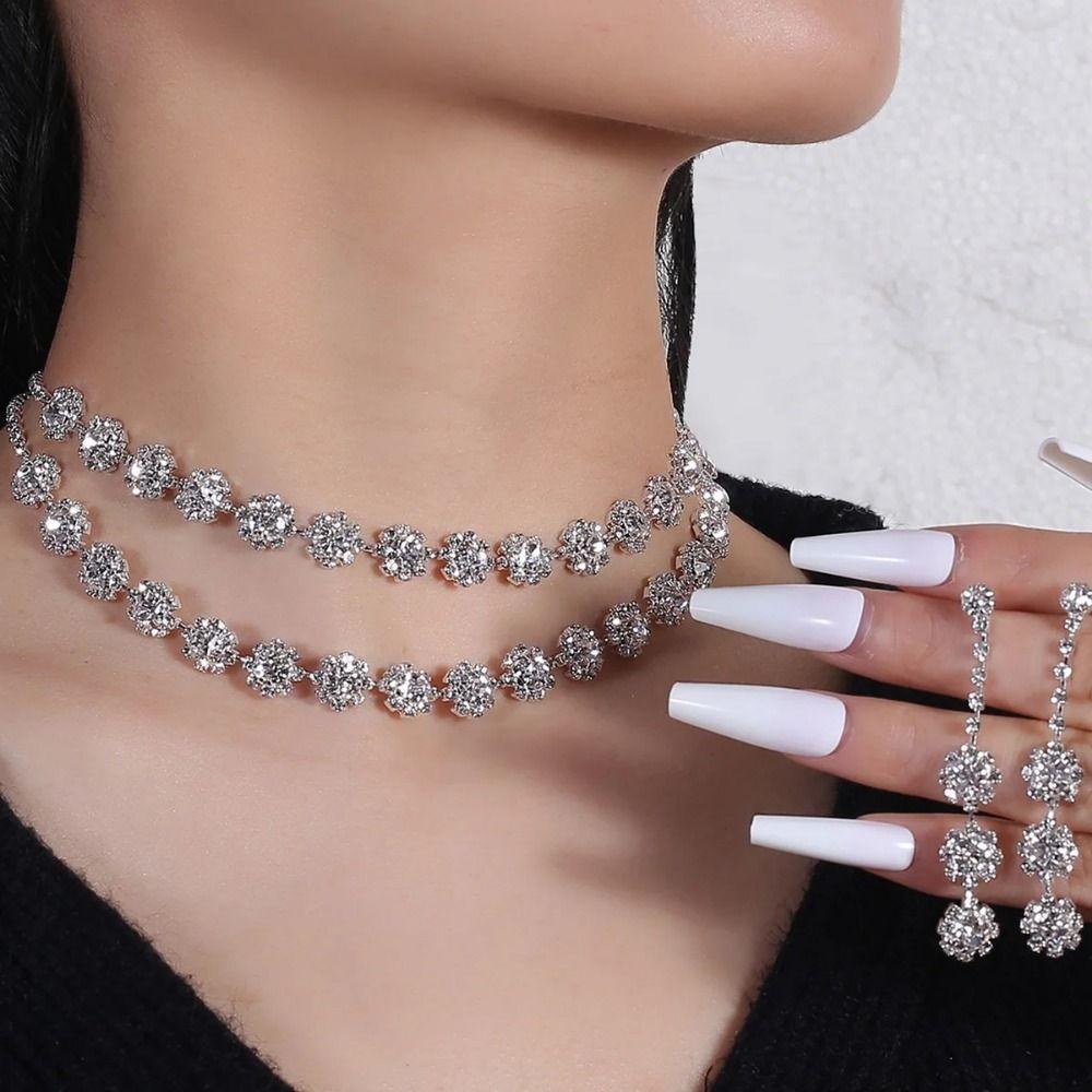 Inlay Rhinestone Shining Jewelry Set Exquisite Clavicle Chain Elegant Bracelet  Wedding Engagement