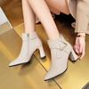 Autumn and Winter New Thick Heel Short Boots Women's Pointed Head Side Zipper Fashion Belt Buckle High Heel Fashion Women's Boots