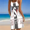 Women Plus Size Blue Black Printed Scoop Neck Thin Straps Sleeveless Loose Curved Hem Beach Dress