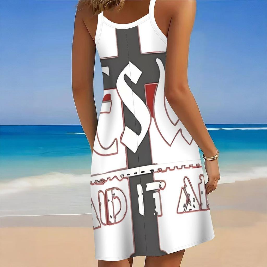 Women Plus Size Blue Black Printed Scoop Neck Thin Straps Sleeveless Loose Curved Hem Beach Dress