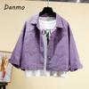 Danmo Women Fashion Denim Jacket Lapel Loose Short Denim Coat