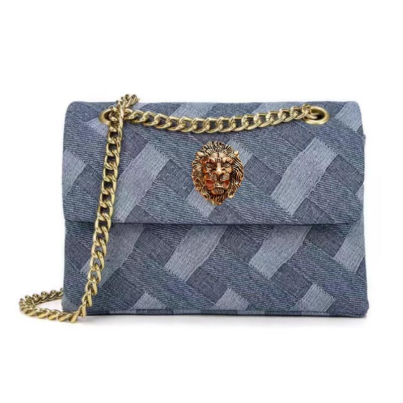 Новые женские плоские шлепанцы из денима с головой льва, джинсовая сумка, женские модные шлепанцы на низком каблуке и набор с сумкой