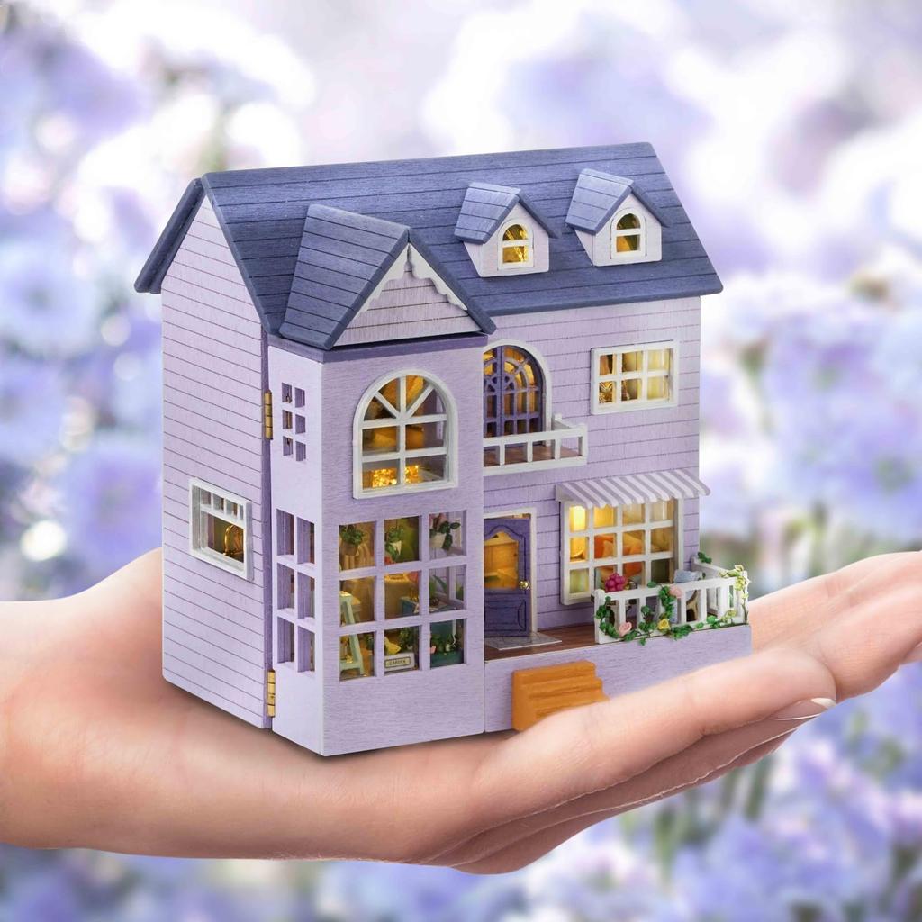 CUTEROOM Деревянный кукольный домик-конструктор, Миниатюрный дом для самостоятельной сборки, Легко собирается, Набор ручной работы для детей со светодиодной подсветкой (D032)