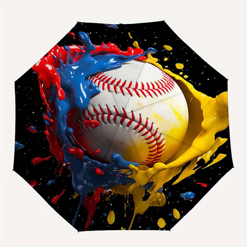 Baseball, Paint Splatter Automatic folding umbrella  simple eight rib design, bright color pattern, durable iron frame, ideal for travel and