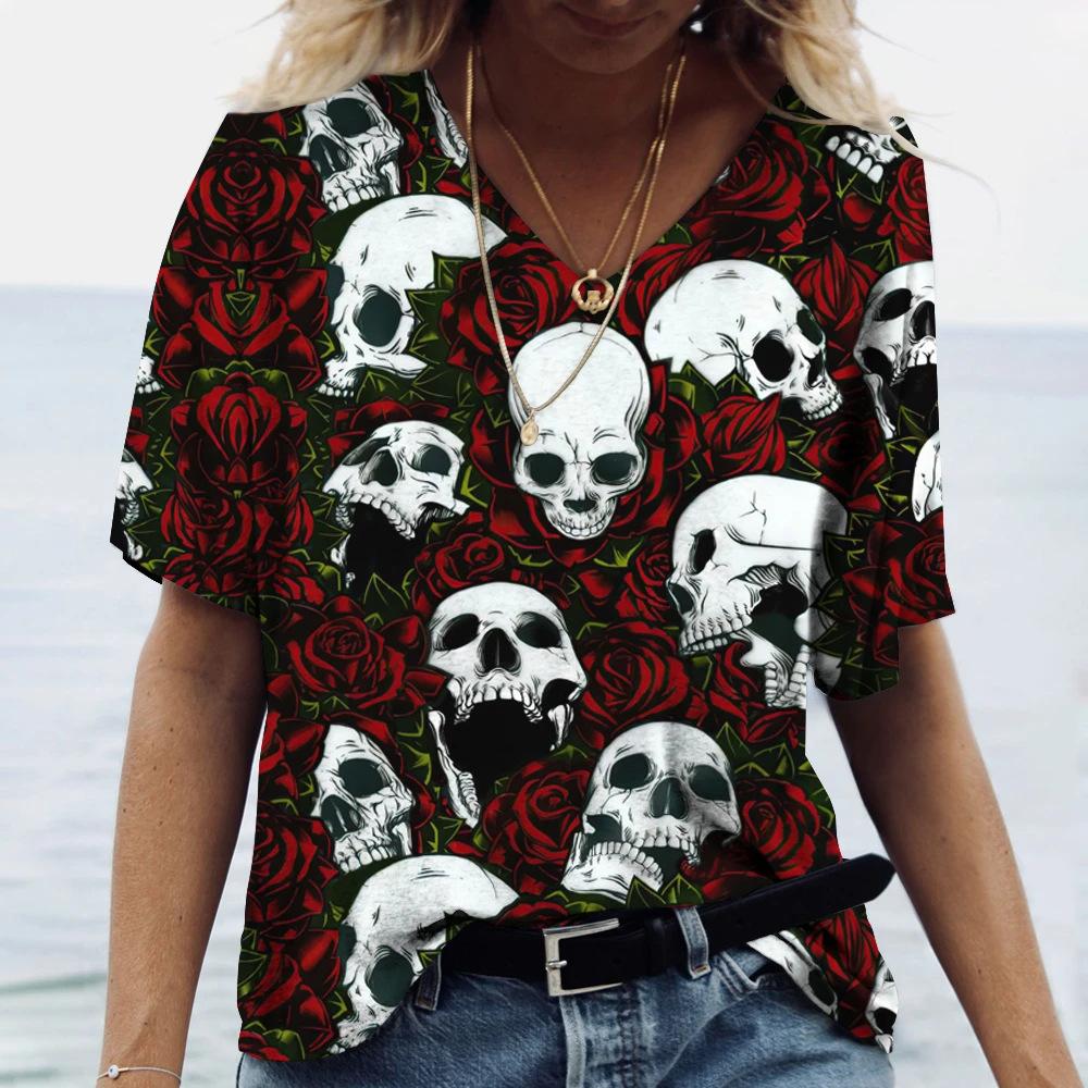 Flower Skull Pattern 3D Digital Print Women's Comfortable V-neck Short Sleeved T-shirt
