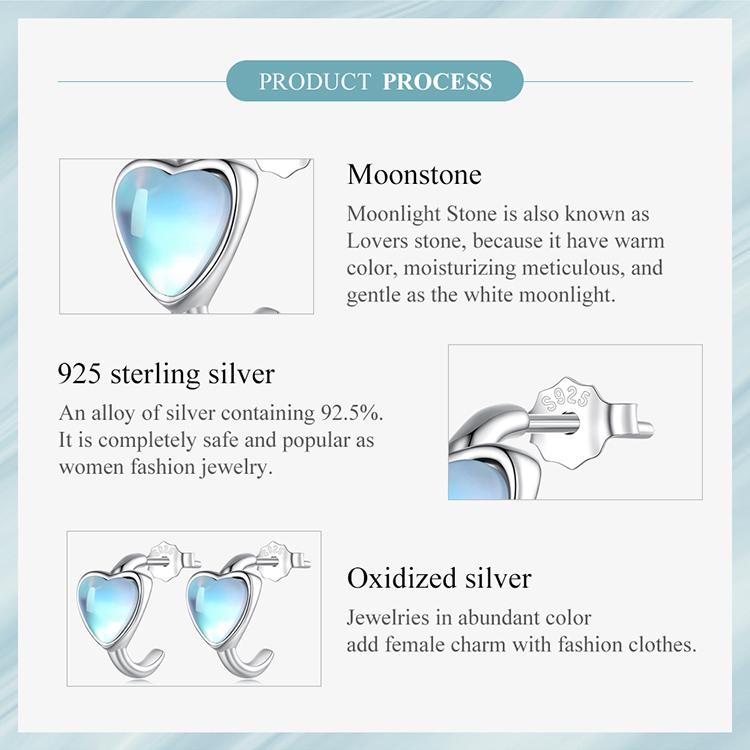WOSTU Серьги-гвоздики из стерлингового серебра 925 пробы в форме сердца с синтетическим лунным камнем для женщин, серьги-гвоздики оригинального дизайна, ювелирные изделия