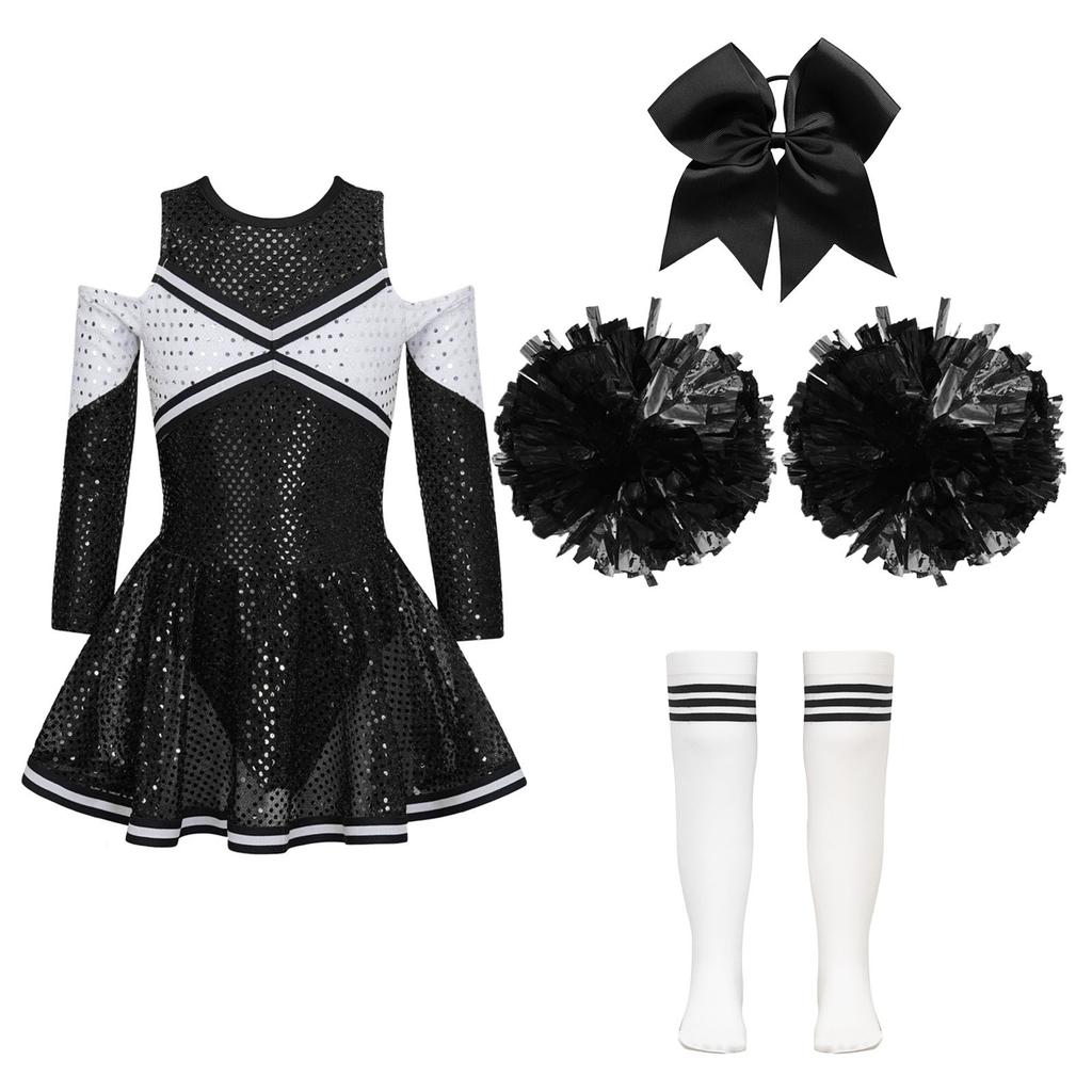 Girls Sparkling Cheerleading Outfit Off Shoulder Sequin Dress Long Sleeve Bow Headwear Hand Accessories Sport Socks