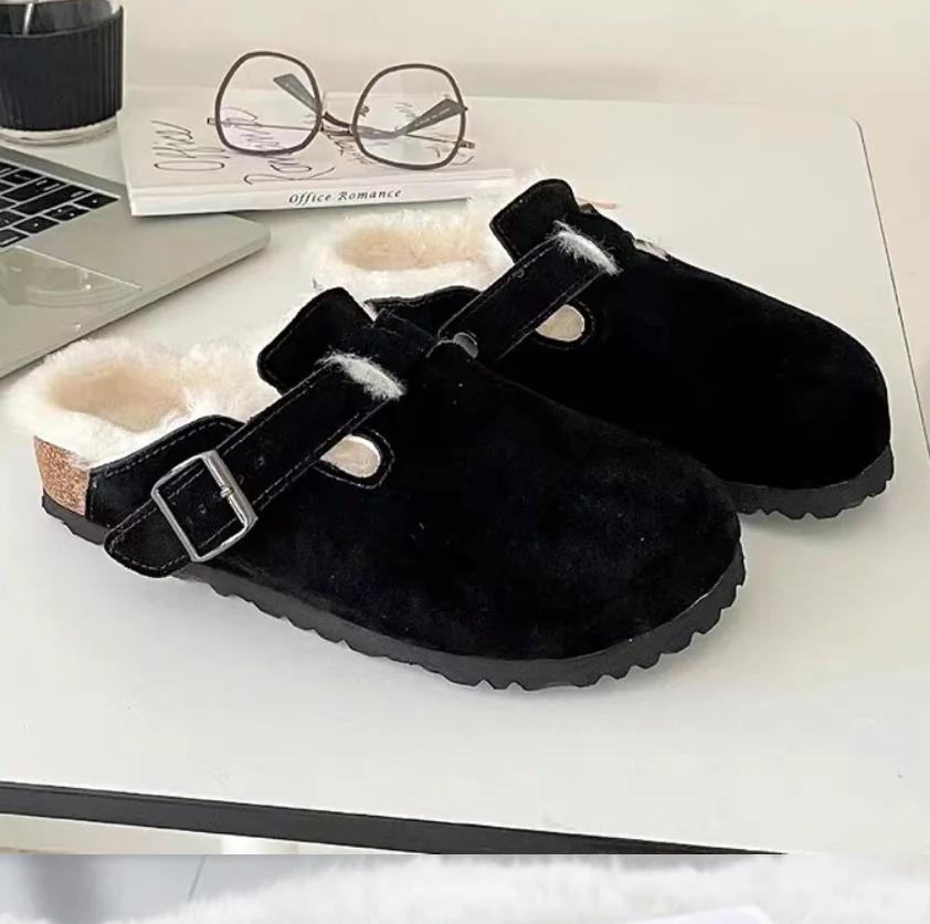 Fashion Comfortable Fur Classic Clogs for Women Winter New Fashion Cork Insole Plush Slipper with Arch Support Cozy Furry Suede Shoes