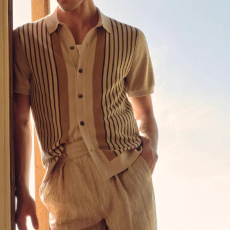 Летняя мужская одежда, легкая, роскошная, полосатая, трикотажная рубашка-поло, с коротким рукавом, для отдыха, на пуговицах, в стиле ретро