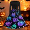 Womens Casual Long Sleeve Dress Halloween Print Round Neck Fit and Flare Midi Dress with Waist Tie and Full Skirt