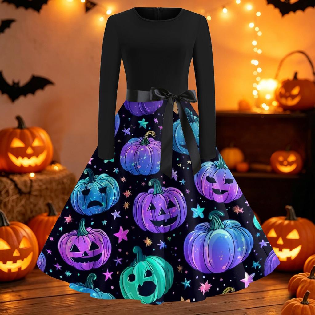 Womens Casual Long Sleeve Dress Halloween Print Round Neck Fit and Flare Midi Dress with Waist Tie and Full Skirt