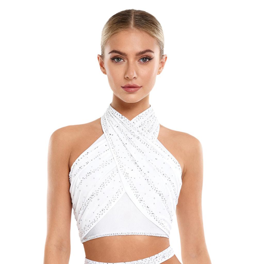 Womens Latin Dance Top Halter Sleeveless Strappy Backless Design Shiny Rhinestones Cross Front Ruched Mesh Crop Top