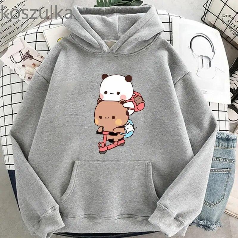 Women Kawaii Panda Bear Bubu and Dudu Hoodie Cute Couple Are Doing Exercise Sweatshirt Girls Pocket Clothes Men Tops Long Sleeve