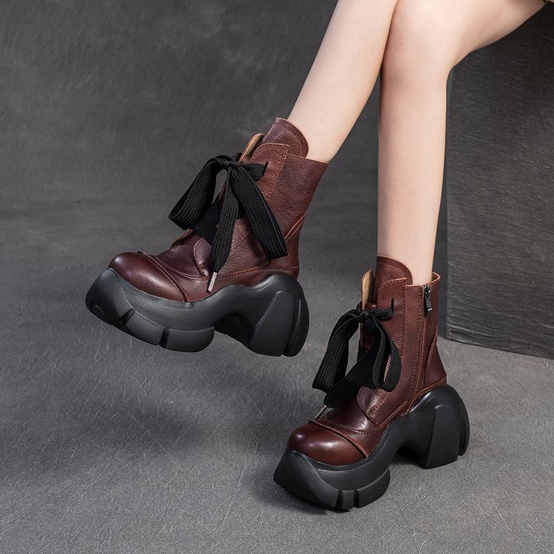 GKTINOO Ретро Ботильоны на Толстой Подошве 2025 Осень Зима Новые Натуральная Кожа Круглый Носок Однотонные Универсальные Туфли на Платформе