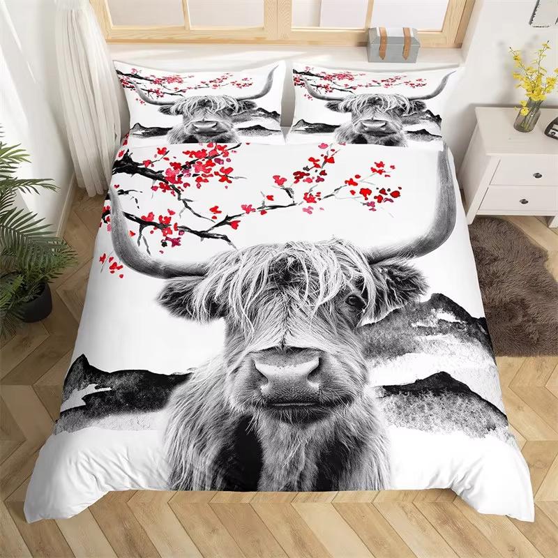 Kids Highland Cattle Flower Duvet Cover Set Farm Animal Bull Cow Comforter Cover Microfiber Western Cowboy Twin King Bedding Set
