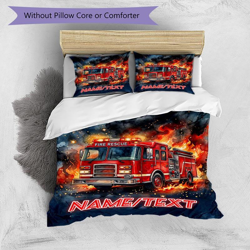 3PC Custom Name Fire Truck Courage Bedding Set Duvet Cover Closure Includes 1 Duvet Cover & 2 Pillowcases for Bedroom