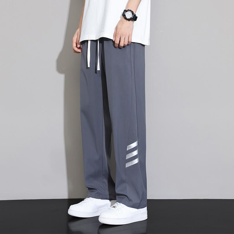 Мужские летние тонкие полосатые брюки из ледяного шелка, американские спортивные брюки прямого кроя, свободные брюки широкого кроя с драпировкой, повседневные брюки