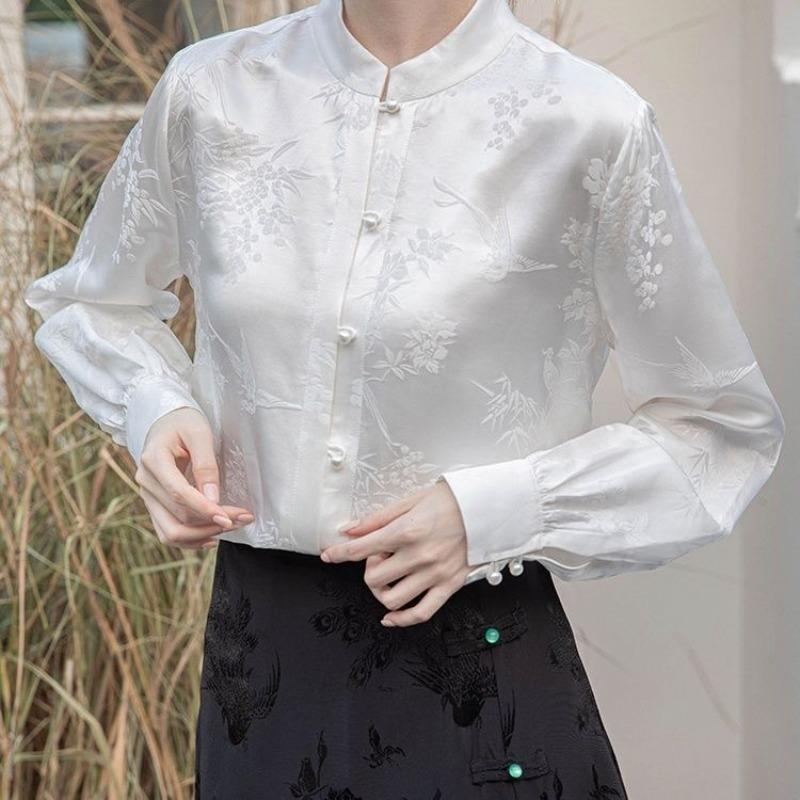 Блузка с длинным рукавом в китайском стиле, женская, элегантная вышивка, винтажный цветочный принт, шикарные топы, свободный крой, женские повседневные рубашки