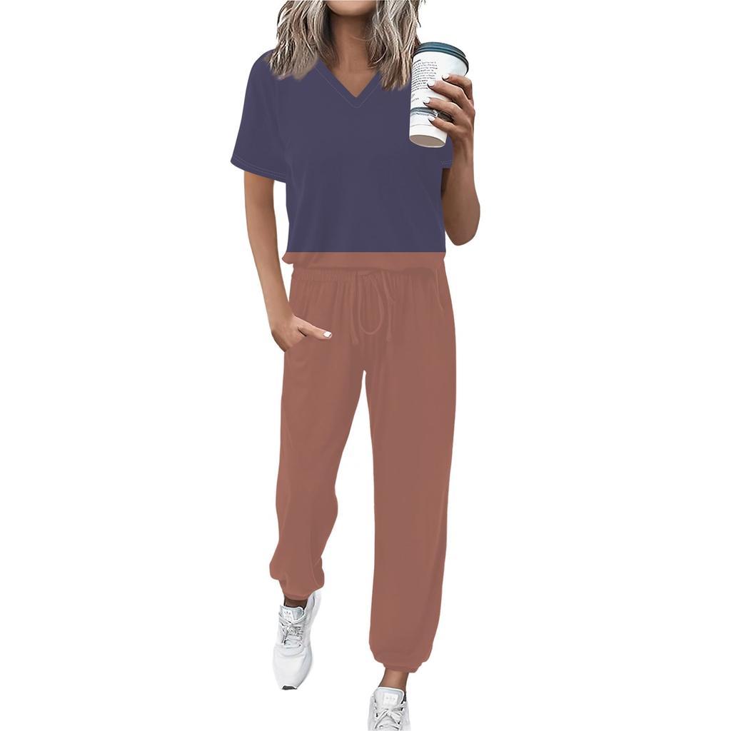 Женский спортивный костюм с V-образным вырезом и коротким рукавом, свободные брюки