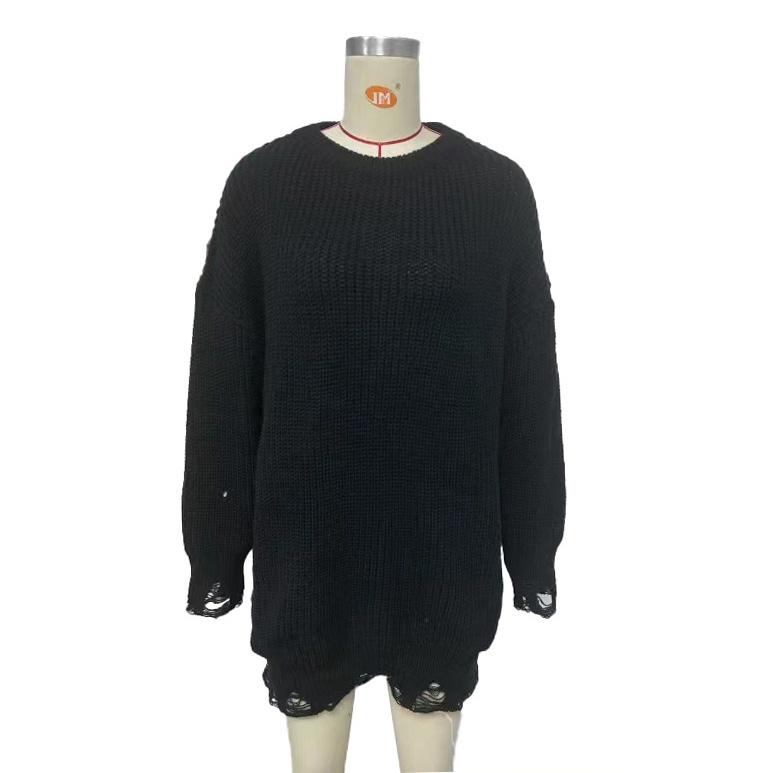 Осень-зима Винтажный свободный топ с длинными рукавами Однотонный пуловер Трикотажный свитер с круглым вырезом