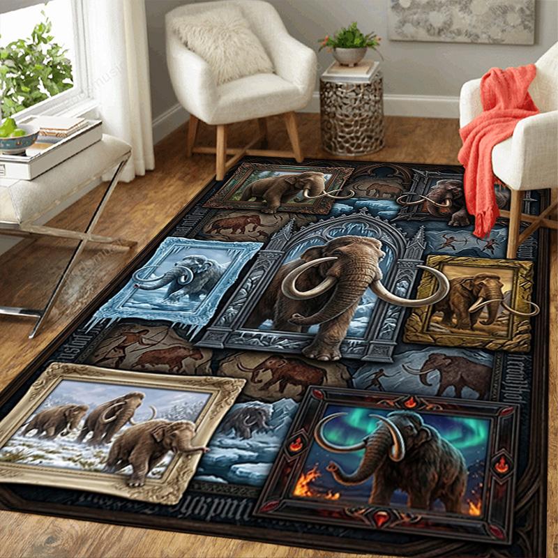 Prehistoric Mammoth Collage Pattern Rug Floor Mat for Living Room or Bedroom Soft and Comfortable Carpet a Gift for Birthday and Holiday.