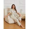 Heart Print Textured Pajama Set Casual Short Sleeve Buttons Lapel Top & Elastic Pants Women's Sleepwear