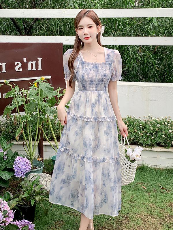 Летнее французское цветочное длинное платье: Стройнящий, Элегантный, Сладкий Принцессный Стиль