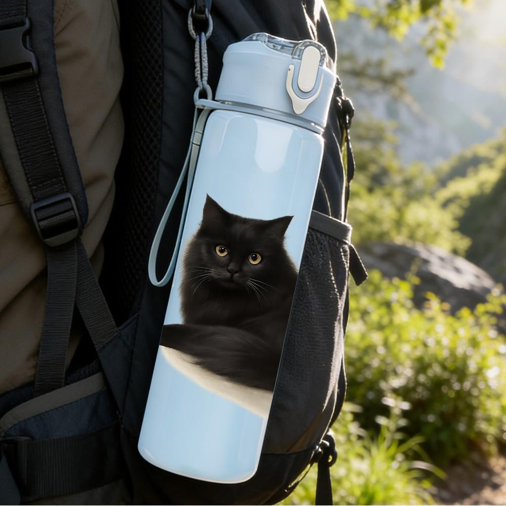1PC Black Cat Lying Down 750ml Color Plastic Sports Water Bottle Leakproof Flip Straw Lid Suitable for Sports Office Home Use