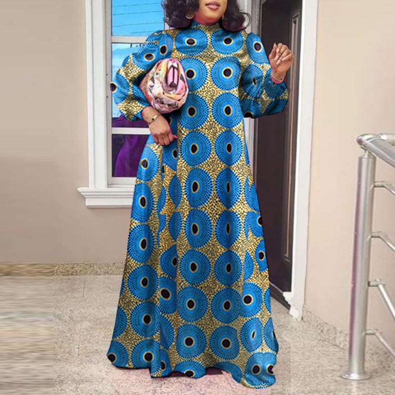 Женское повседневное свободное платье больших размеров с воротником-стойкой и длинными рукавами с принтом