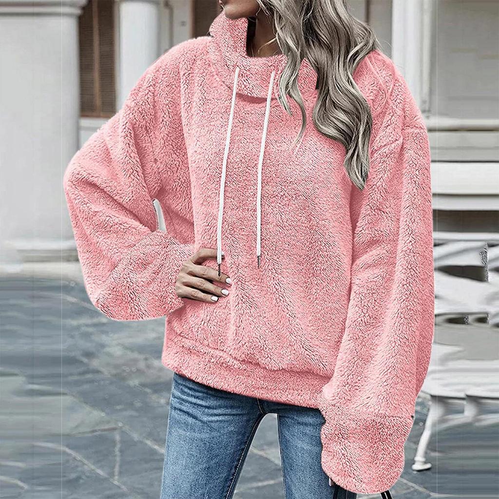 Женская мода для отдыха, однотонный пуловер с длинными рукавами и плюшевым пальто на шнурке, верх