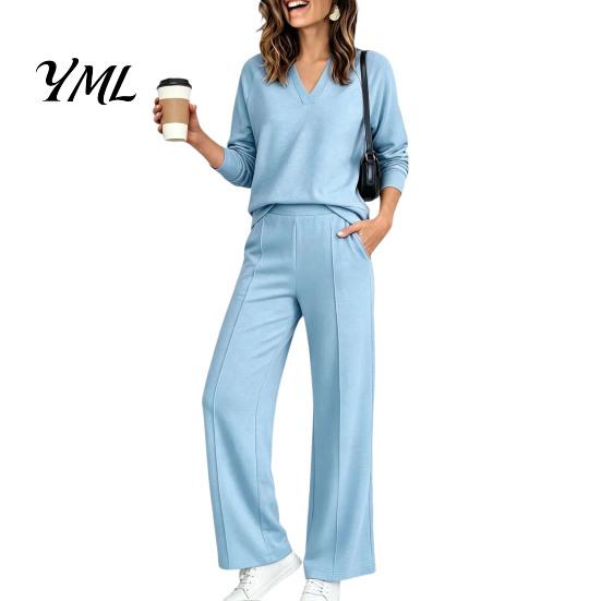 Solid Color Matching Sets Women Sweatshirt Pants 2-Piece Set, V-Neck Long Sleeve Top & Wide Fabric Fitness Clothing Leg Trousers with Elastic
