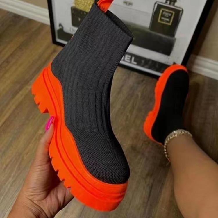 Новые осенние вязаные полусапоги на большой толстой подошве, женские ботинки с круглым носком, на среднем каблуке, с короткими рукавами и короткими рукавами