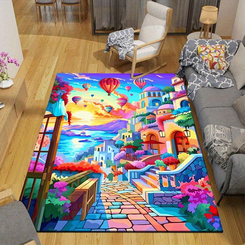 1pc Hot Air Balloon Town Print, Design Indoor Area Rug, Soft, Anti-Slip, and Durable Gaming Room Decor for Bedroom, Living Room, and Exercis