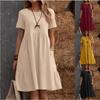 Women's Summer Casual Beach Midi Dress Cotton Linen Short Sleeve Flowy Dresses with Pockets