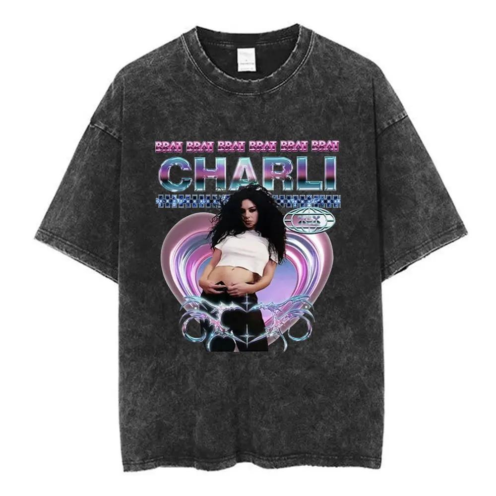 Charli Xcx Brat  Arena Tour Washed T Shirts Men Women Fashion Pop Music Tshirts Cotton Vintage Tshirt Oversized Streetwear