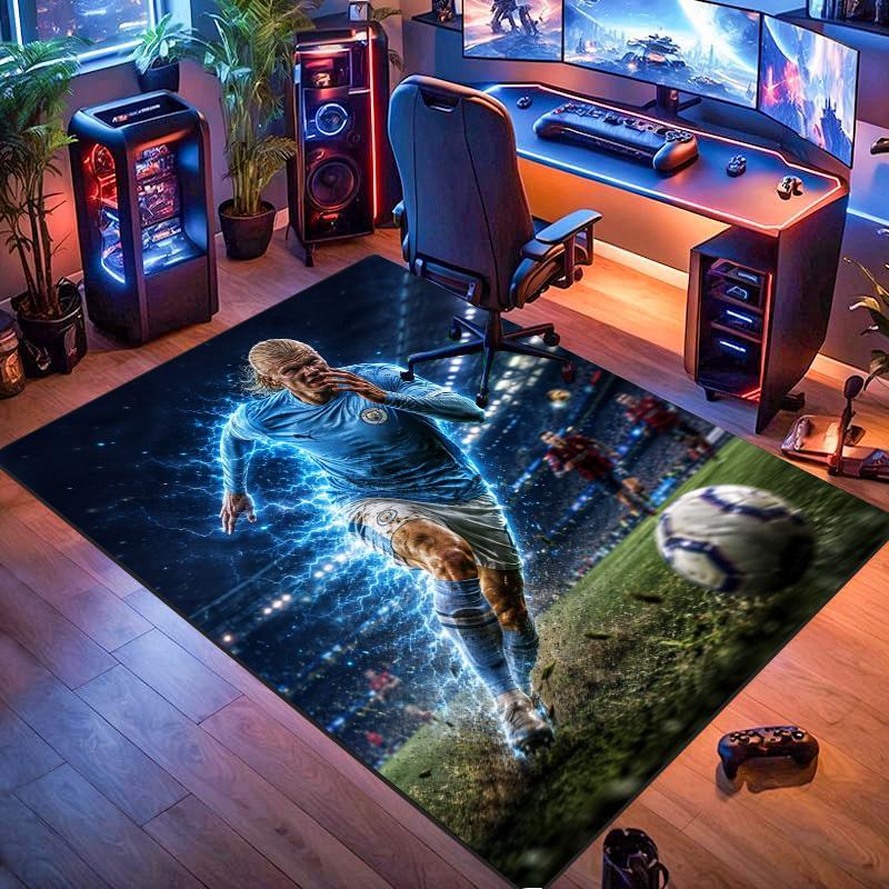 Lightning Effect Football Star Player Print Area Rug Sport Theme Non‑Slip Rectangular Floor Mat Home Decor For Gaming Bedroom