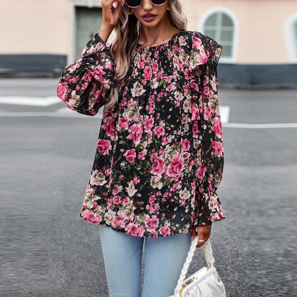 Женская осенне-зимняя рубашка с круглым вырезом и оборками, рукавами-фонариками, цветочная рубашка с принтом, топы