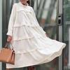2025 Spring and Summer New Women's Clothing Long-sleeved Splicing Round Neck Ruffle Edge Dress