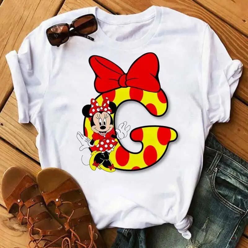 Kawaii Ladies Tees Disney Cartoon Mickey Mouse Letter Minnie T-shirt White Short-sleeved Women 90S Tops Summer Loose Blouse