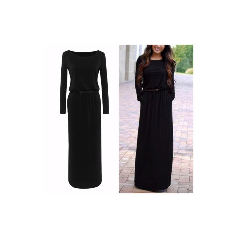 Fashion Women Casual Long Sleeve Belted Party Evening Cocktail Long Maxi Dress