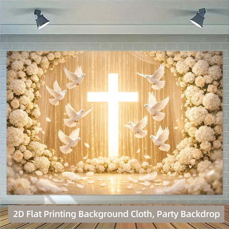 2D plane, 1 cross-shaped white dove background banner, symbolizing peace and tranquility, polyester fiber