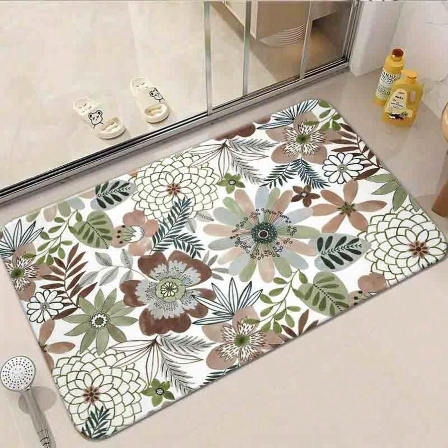 1pc Flannel Floor MatBoho Botanical Floral Print Area Rug Non-Slip Earthy Tone Aesthetic Floor Mat For Living Room Bedroom DecorNon-Slip, Machine Wash