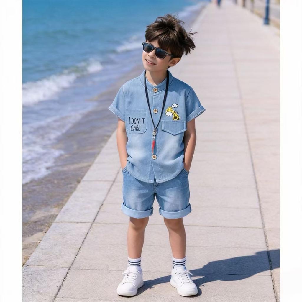 Boys Clothing Sets Summer Cartoon Deer Print Children Denim Short Sleeve Shirt And Shorts Two Piece Casual Outfit For Kids