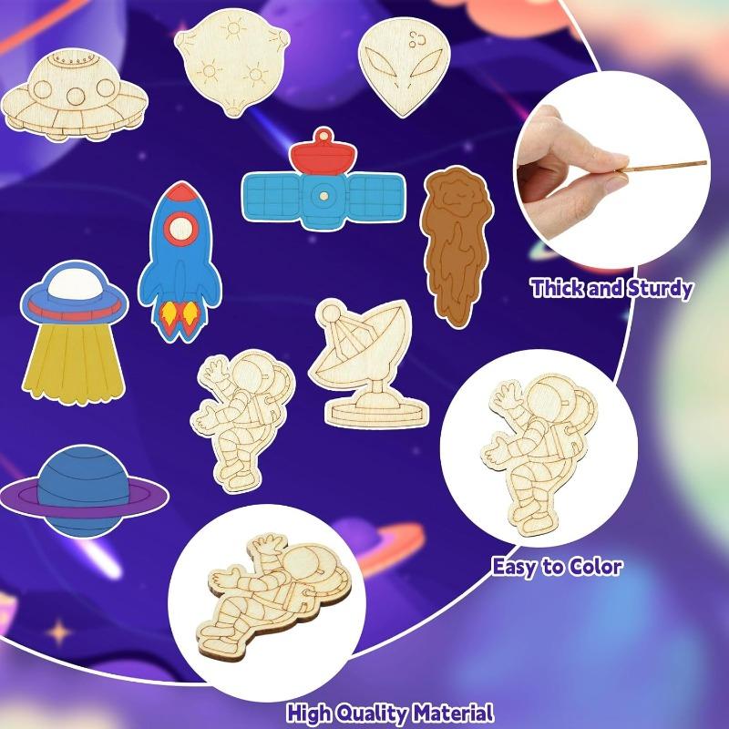 50pcs Space Theme Unfinished Blank Wooden Slices Astronaut Spacecraft Satellite Planet Crafts to Paint Wood Cutouts