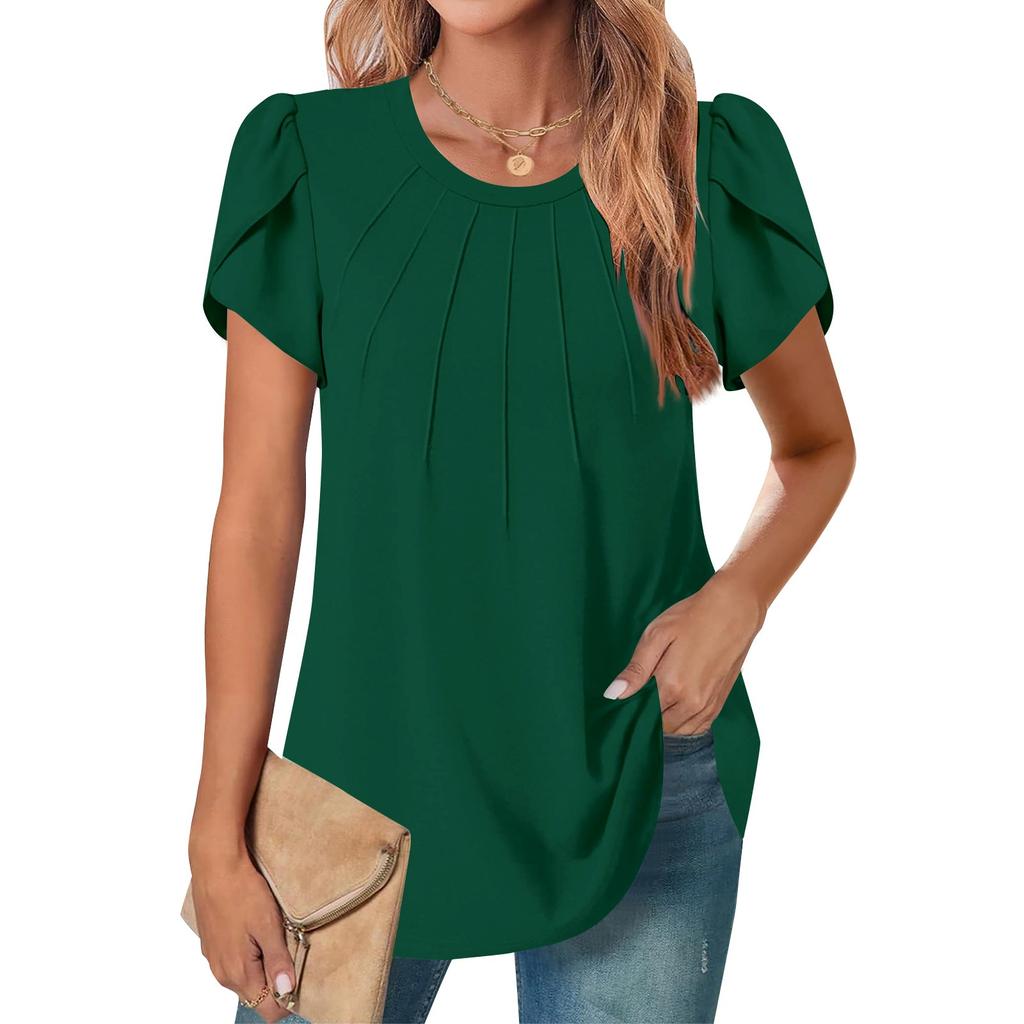 Women's Casual Round Neck Short Sleeve Chest Pleated Flap Sleeve Solid Color Top