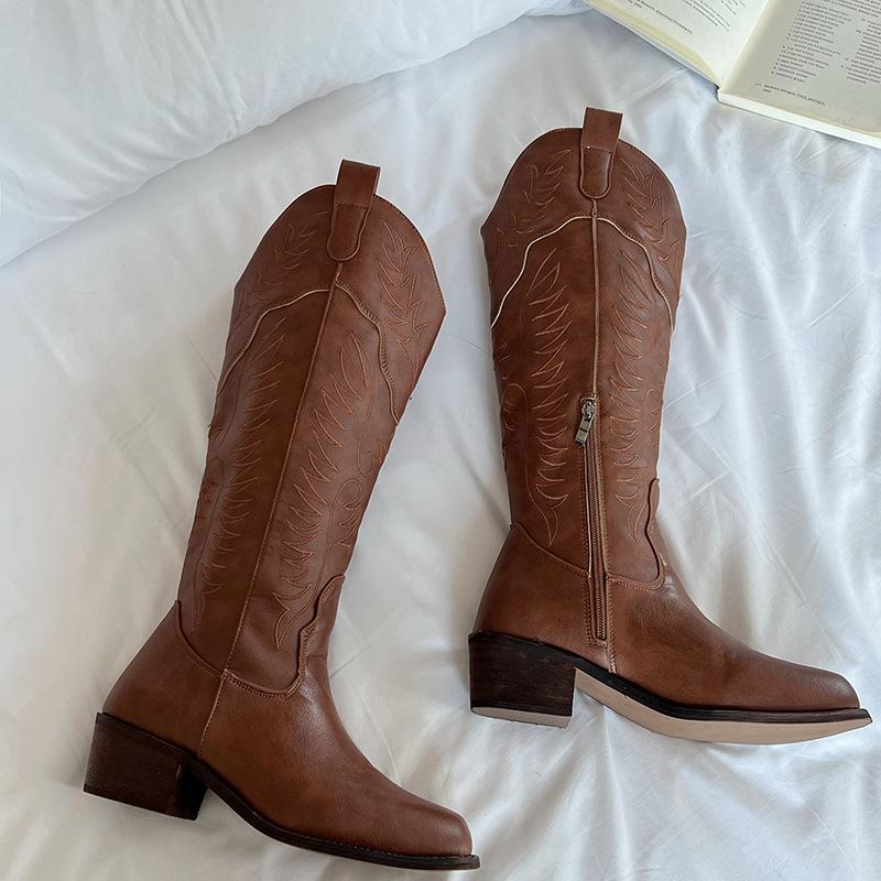 Small Retro Fat Mm Slim Brown Boots Women's Summer 2025 New V-mouth French Thick Heel Knight Boots