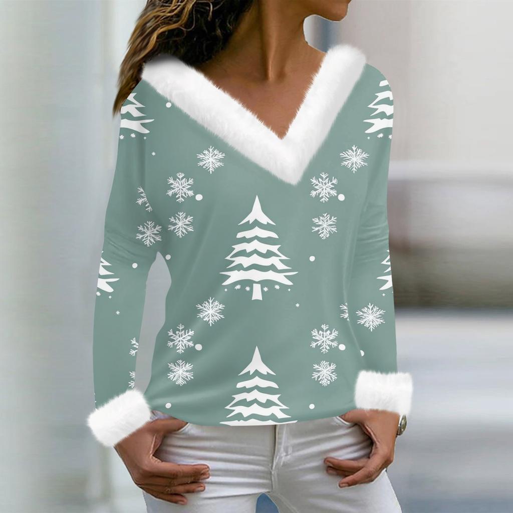 Женская футболка с рождественским принтом, длинный рукав, флисовый воротник, V-образный вырез, футболка